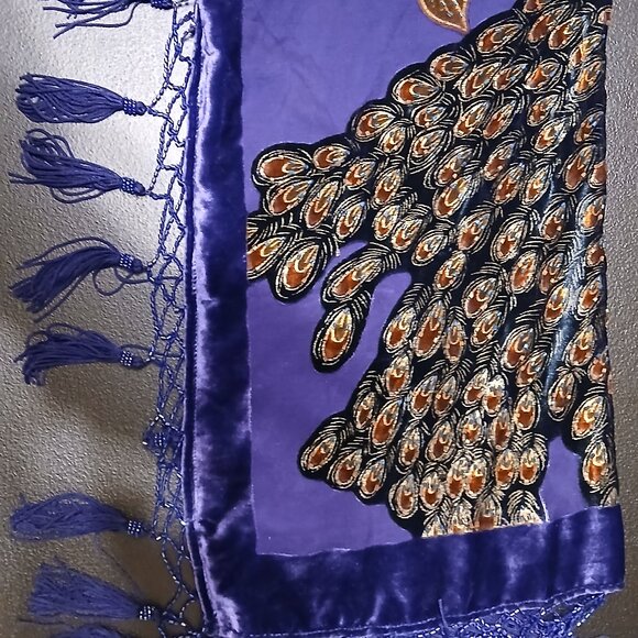 Embroidered Peacock Velvet Kimono Jacket with Beaded Fringe Hem - Picture 6 of 7